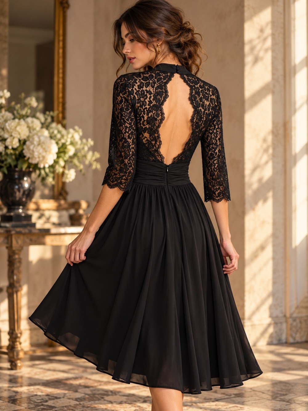 Temperley London Black Lace Open Back Ruched Skater Dress US 8